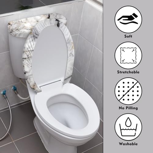White Marble Print Toilet Lid Cover & Toilet Tank Lid Pads Bathroom Stretch Washable Toilet Lid Seat Protector Cover with Elastic Bottom - color: White Marble