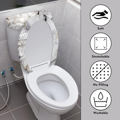 White Marble Print Toilet Lid Cover & Toilet Tank Lid Pads Bathroom Stretch Washable Toilet Lid Seat Protector Cover with Elastic Bottom - color: White Marble