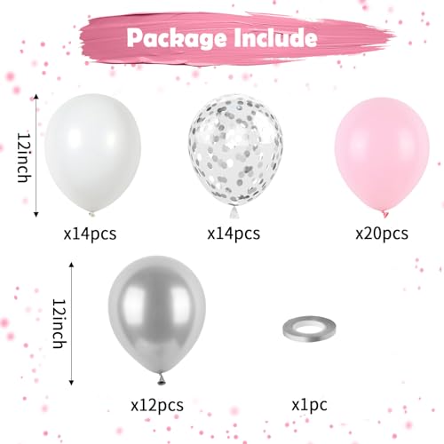 Pink and Silver Balloons, Pastel Pink White Balloon Metallic Silver White Macaron Balloon Party Confetti Balloons for Girls Kids Birthday Bride Wedding Baby Shower Graduation - color: Pink and Silver