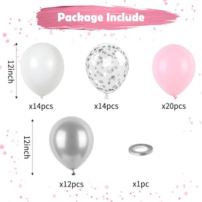 Pink and Silver Balloons, Pastel Pink White Balloon Metallic Silver White Macaron Balloon Party Confetti Balloons for Girls Kids Birthday Bride Wedding Baby Shower Graduation - color: Pink and Silver
