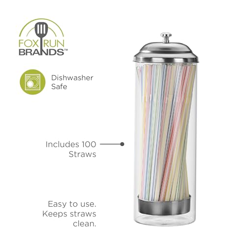 Fox Run Glass Straw Holder with Stainless Steel Lid & Lifter For Countertop | 3.5" x 10.5" Dispenser with 100 Straw Capacity | Stores Chopsticks, Pencils, Pencils, Forks & More | Dishwasher Safe Holder