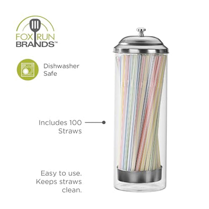 Fox Run Glass Straw Holder with Stainless Steel Lid & Lifter For Countertop | 3.5" x 10.5" Dispenser with 100 Straw Capacity | Stores Chopsticks, Pencils, Pencils, Forks & More | Dishwasher Safe Holder