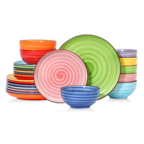 Selamica Ceramic Plates and Bowls Sets,24 Pieces Dinnerware Sets for 8,Scratch Resistant Dish Set for holiday gathering,Dishwasher & Microwave Safe, Dopamine colors - color: Dopamine colors, size: Service for 8 (24 Pcs)