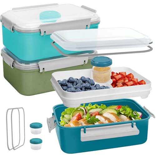 3 Pack Salad Lunch Box Food Storage Containers, 47oz Bento Box To Go Container with Lids, Reusable Meal Prep Containers with Removable Tray & Dressing Pots for Kids and Adults, Microwave Safe - color: Navy&Dark Green&Light Blue