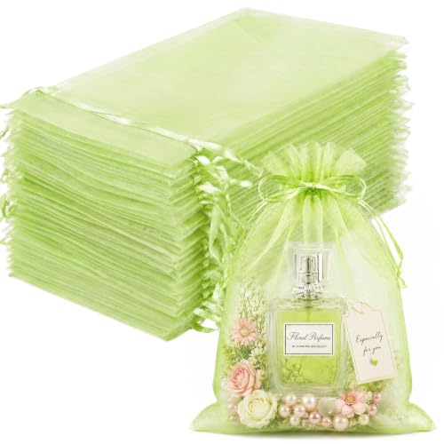 FUNFERY 100PCS Apple Green Organza Gift Bags 4x6in,Drawstring Jewelry Pouch - color: Apple Green-4"x6"