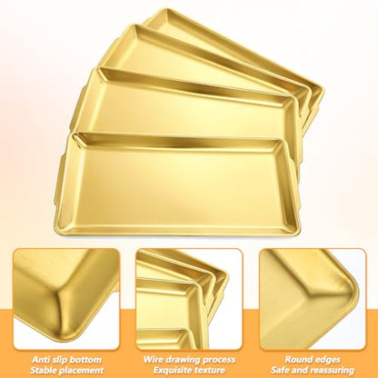 4-Piece Gold Serving Trays Set: Luxurious Gold Trays for Decor & Food Display, 14.21" x 7.95" Brushed Stainless Steel Platters for Parties & Dining