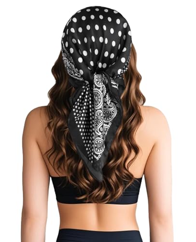Sumolux Head Hair Scarf for Women Like Satin Silk Scarf Bandana Hair Wrapping Night Large Square Scarves 27.5" - color: Black Polka Dot Cashew Nuts