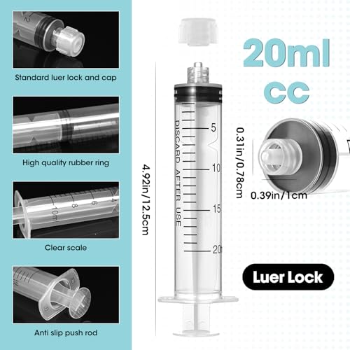 20ml Luer Lock Syringe with Cap and Soft Plastic Tube, Individually Wrapped 10 Pack, Suitable for Pet Liquids Feeding - size: 20ml - 4.0mm Tube