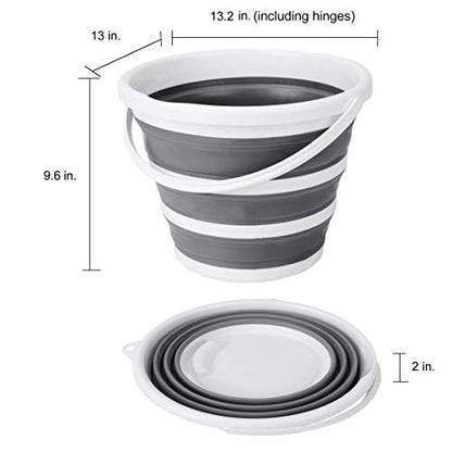 Indoor and Outdoor Collapsible Bucket with Handle, 10 Liters, 2.6 Gallons, Gray and White - size: 13.2” x 13” x 9.6”