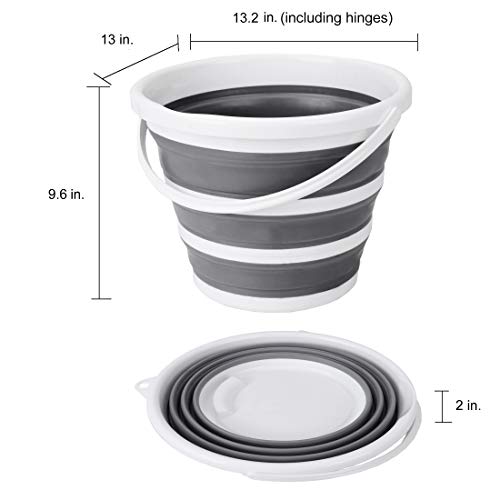 Indoor and Outdoor Collapsible Bucket with Handle, 10 Liters, 2.6 Gallons, Gray and White (Pack of 2) - size: 13.2” x 13” x 9.6” (Pack of 2)