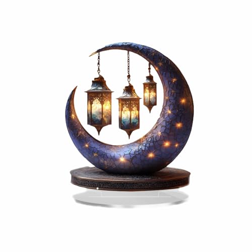 Eid Mubarak Crescent Moon Table Decoration with LED Lights and Hanging Lanterns, 7.87 Inch