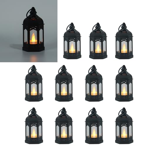 LLQ 12Pcs Mini Lanterns with Flicker LED Candle, Lanterns Decorative Indoor, Lantern Centerpieces for Tables, Vintage Decorative Lantern for Party Ramadan Halloween Christmas Wedding Decorations - color: Black