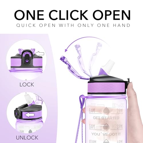 Hyeta Water Bottle with Straw & Time Marker, Plastic 32oz Leakproof | Motivational Tritan BPA Free Gym Office Outdoor Intake Tracker Hourly Reminder Straw Lid Carry Strap - color: Clear Wisteria