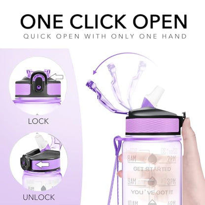 Hyeta Water Bottle with Straw & Time Marker, Plastic 32oz Leakproof | Motivational Tritan BPA Free Gym Office Outdoor Intake Tracker Hourly Reminder Straw Lid Carry Strap - color: Clear Wisteria