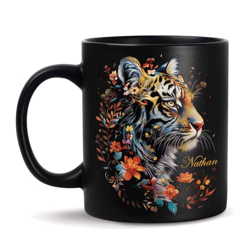 Tiger Mug, Customized Floral Coffee Cup 11oz 15oz, Personalized Wildlife Enthusiasts Black Mug, Custom Name Animal Ceramic Cup, Mug Gift For Nature Lovers, Flower Cup For Mom - color: THU-924-1960-Tiger
