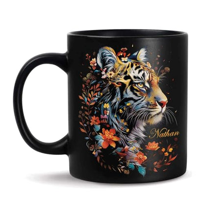 Tiger Mug, Customized Floral Coffee Cup 11oz 15oz, Personalized Wildlife Enthusiasts Black Mug, Custom Name Animal Ceramic Cup, Mug Gift For Nature Lovers, Flower Cup For Mom - color: THU-924-1960-Tiger