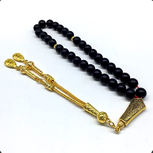 Black Agate Stone Prayer Beads and Bracelet - Worry Beads - Tesbih - Tasbih - Tasbeeh - Misbaha - Masbaha - Subha - Sebha - Rosary (Black Agate Stone/Gold Tassel) - color: Black Agate Stone Prayer Beads and Bracelet