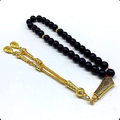 Black Agate Stone Prayer Beads and Bracelet - Worry Beads - Tesbih - Tasbih - Tasbeeh - Misbaha - Masbaha - Subha - Sebha - Rosary (Black Agate Stone/Gold Tassel) - color: Black Agate Stone Prayer Beads and Bracelet