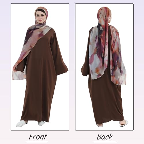 Printing Long Sleeve Abaya with Zipper for Women Dubai and Turkey Robe Spring and Summer Loose and Causual Dress - color: Coffee+hijab, size: Medium