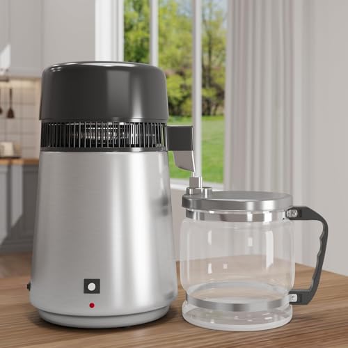 4L Countertop Stainless Steel Distilled Water Purifier, Distilled Water Making Machine with Glass Container, Ideal for Household, Workplace, Lab, and Aquarium Usage-Silver - color: Silver