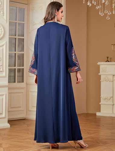 ABEWIP Muslim Dresses for Women Ramadan Kimono Long Sleeve Embroidered Islamic Prayer Dress Turkey Dubai Eid Abaya Kaftan - color: Navy Blue, size: X-Large