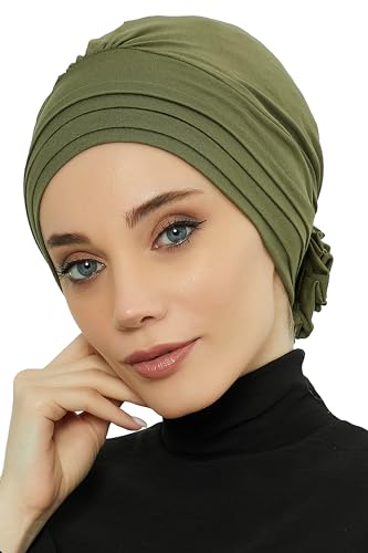 Aisha's Design Instant Turban Head Wraps for Women, Combed Cotton Scarf Lightweight Pre tied Hijab with Back Rose Detail - color: Army Green