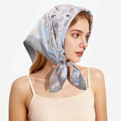 27" Head Scarf Like Satin Silk for Women,Hair Scarves Bandana,Headband Silk Feeling for Hair Wrap - color: Sky Blue and Gray