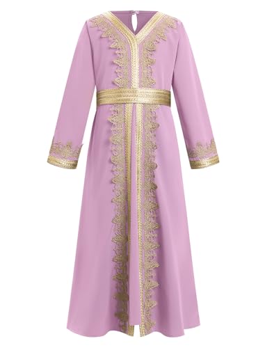 Muslim Dress for Kids Girls Abaya Middle East Ramadan Long Sleeve Lace Prayer Dress Arabic Kaftan with Belt - color: Purple Pink, size: 5-6 Years