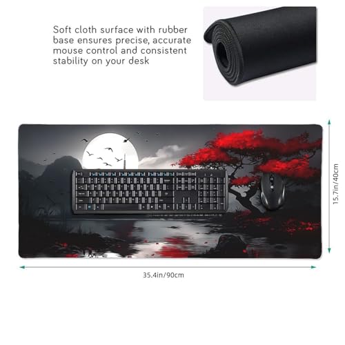 XXL Gaming Mouse Pad 35.4x15.7 Inch, Large Extended Desk Mat | Oriental Landscape Moon Design, Non-Slip Rubber Base, Water-Resistant Surface and Stitched Edges for Gaming, Office & Home - color: Oriental Landscape Moon