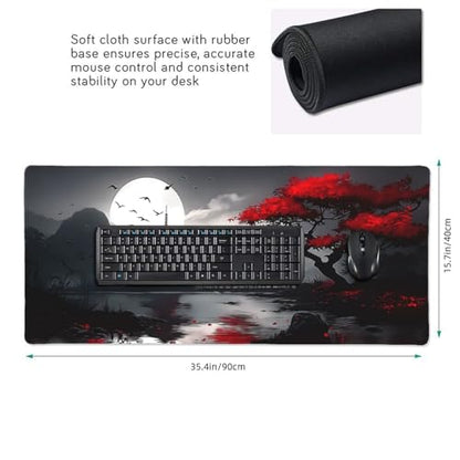 XXL Gaming Mouse Pad 35.4x15.7 Inch, Large Extended Desk Mat | Oriental Landscape Moon Design, Non-Slip Rubber Base, Water-Resistant Surface and Stitched Edges for Gaming, Office & Home - color: Oriental Landscape Moon