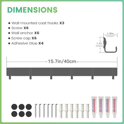 16-Inch Wall Mount Coat Rack with 6 Hooks, Compact Hooks for Hanging Coats, Hats, Bags and Purses in Entryway, Bedroom, Bathroom or Closet, Install with Strong Glue or Screws (3-Pack) - color: Black - 3 Pack