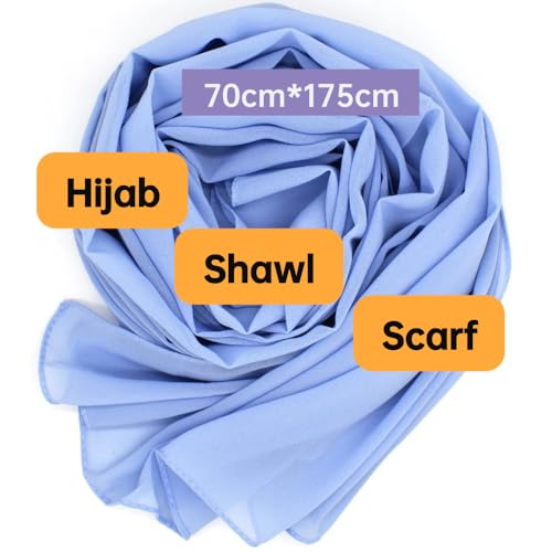 Chiffon Scarf for Women Lightweight Breathable Sunscreen Soft Solid Hijab Scarf for Daily & Muslim Wear - color: Light Blue Chiffon Scarf