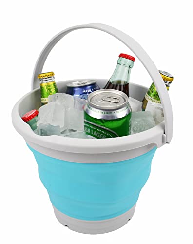 SAMMART 5.5L (1.4 Gallon) Collapsible Plastic Bucket - Foldable Round Tub - Portable Fishing Water Pail - Space Saving Outdoor Waterpot (Cyanine + Blue (Set of 2)) - color: Cyanine + Blue (Set of 2)