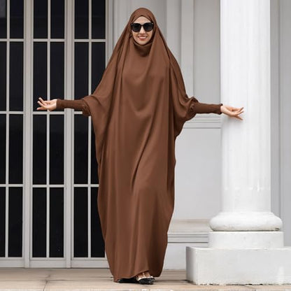 IDOPIP Muslim Abaya for Women One Piece Long Sleeve Islamic Prayer Dress with Hooded Hijab Maxi Kaftan Robe Modest Clothes - color: Coffee