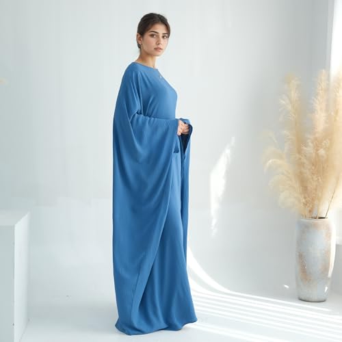 Abaya Dress for Women Soft Crepe Like Linen Khimar Butterfly Batwing Dubai Islam Muslim Kaftan Modest Prayer Dress - color: Blue, size: Large