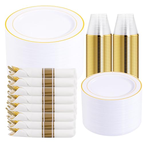 DaYammi 350PCS Gold Plastic Dinnerware Set for 50 Guests - color: A Gold, size: 350PCS（50 Guests)
