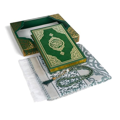FURKAN Thermo Leather Quran Green, Prayer Rug and Prayer Beads, Zuhre Gift Box - Green - color: Green