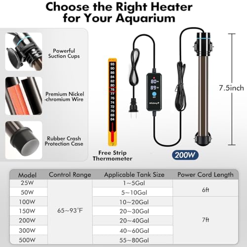 Orlushy Submersible Aquarium Heater, Fish Tank Heater with Free Thermometer for Freshwater and Saltwater Tank - size: R200