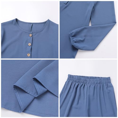 IDOPIP Women's Muslim Abaya Dress 2 Pieces Set Long Sleeve Button Down Shirt and Pants Casual Arabic Islamic Dubai Outfits - color: Blue, size: 4X-Large
