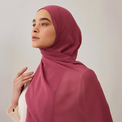 Modest Small Luxury Chiffon Hijab | Premium Lightweight, Flowy and Textured Chiffon Wrap Head Scarf for Women - color: Chateau Rose