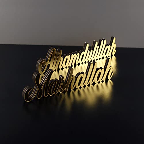 iwa concept Tabletop (Gold, MDF/Acrylic Mirror) - Islamic Calligraphy Home Decor for Table or Shelves, Ramadan/Eid Gifts - color: Gold, size: alhamdulillah-mashallah