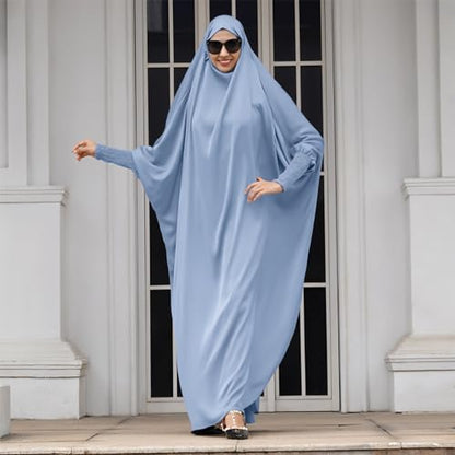 IDOPIP Muslim Abaya for Women One Piece Long Sleeve Islamic Prayer Dress with Hooded Hijab Maxi Kaftan Robe Modest Clothes - color: Blue