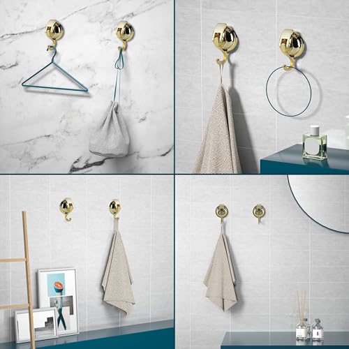 Heavy Duty Vacuum Suction Cup Hooks, Gold Plated Polished Super Suction for Kitchen Bathroom, 2 Pack - color: Gold