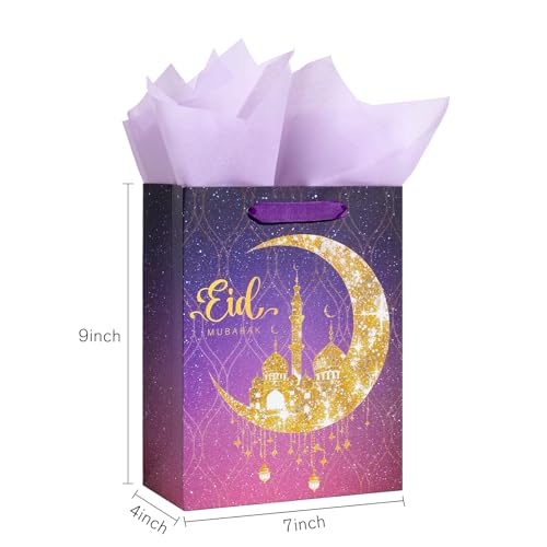 Loveinside Ramadan Gift Bag, Purple Gradient and Gold Crescent Moon Mosque Design, Eid Medium Size Gift Bag with Tissue Paper for Muslim Festival, Holiday, Wedding, 10" x 5" x 13", 1 Pcs - color: Ramadan