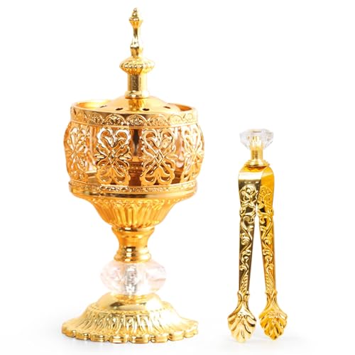 Gold Incense Burner Holder, Bakhoor Frankincense Charcoal Censer Resin Stand with Tongs, Ideal for Aromatherapy Yoga Spa, Home Christian Church Decor