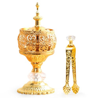 Gold Incense Burner Holder, Bakhoor Frankincense Charcoal Censer Resin Stand with Tongs, Ideal for Aromatherapy Yoga Spa, Home Christian Church Decor