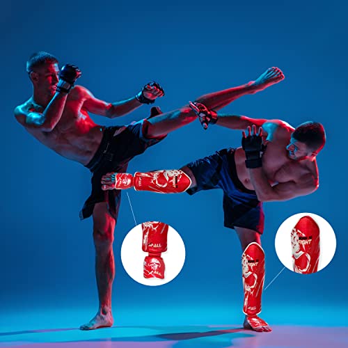 Spall Pro US Muay Thai Guards Shin Guards for Kickboxing Martial Arts BJJ Boxing Sparring with MMA Foot Protector - Born to Fight Red (X-Large)