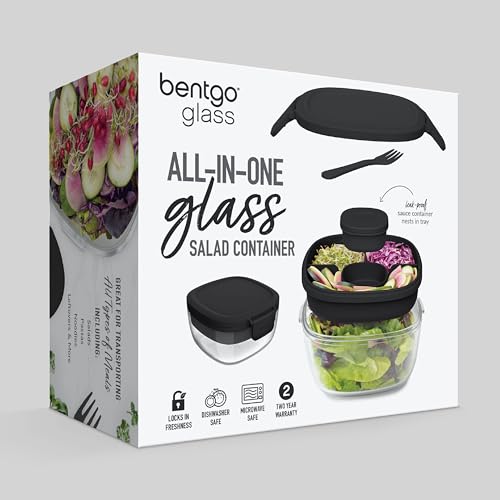 Bentgo Glass Salad Container - 7.6-Cup Salad Bowl with Airtight Lid, Leak-Proof Sauce Container, 4-Compartment Bento Tray & Reusable Fork - BPA-Free for Meal Prep, Office & More (Black Onyx) - color: Black Onyx