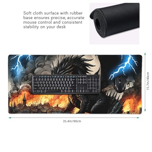 XXL Gaming Mouse Pad 35.4x15.7 Inch, Large Extended Desk Mat | Mousepad with Dragon Design, Non-Slip Rubber Base, Water-Resistant Surface and Stitched Edges for Gaming, Office & Home - color: Dragon