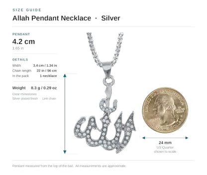 Allah Necklace for Men, Silver Muslim Pendant 22 inch Chain Gift - color: silver plated